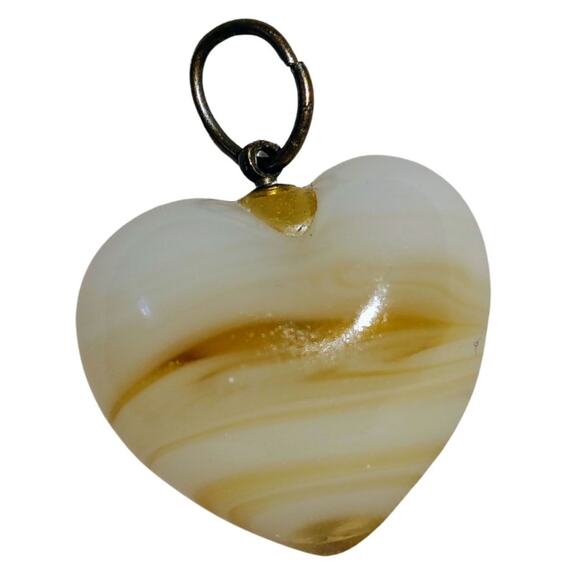 70s Vintage Heart Yellow White Marbled Agate Feels Like Glass Pendant Charm - Picture 2 of 3